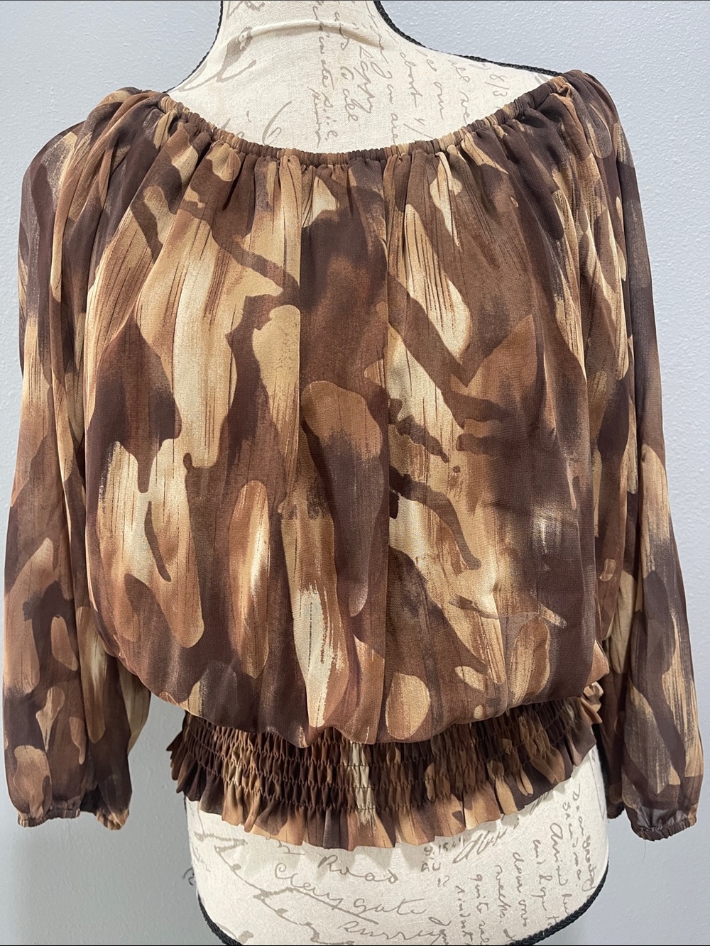 Colleen Lopez Brown & Cream Smocked-Hem Peasant Blouse